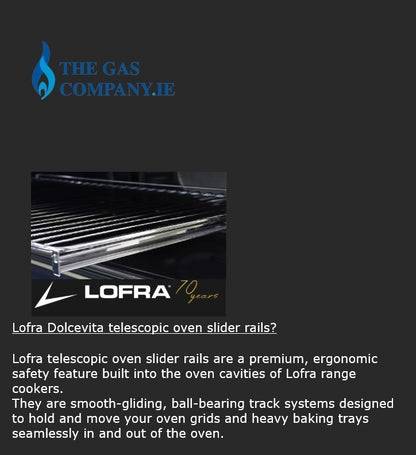 Graphic for Lofra Dolcevita telescopic oven slider rails, featuring a small inset photo of the oven rail mechanism, the Lofra logo, and descriptive text on a dark gray background. The Gas Company.
