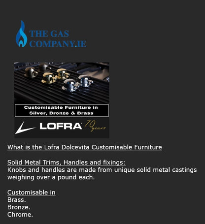 A dark promotional graphic for Lofra DolcevitA customisable furniture, featuring a close-up photo of metallic knobs on a black slatted surface, with text detailing solid metal trim, handles, and customization options in brass, bronze, and chrome. The Lofra logo and 'The Gas Company.