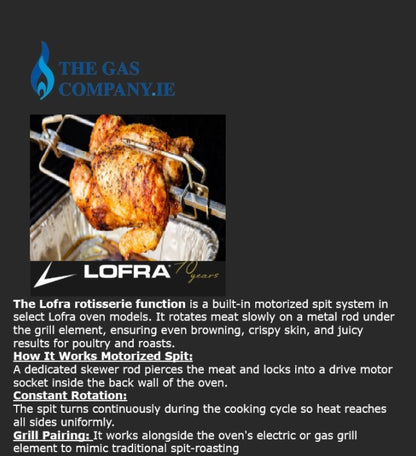 Graphic for a Lofra rotisserie oven model by The Gas Company.IE, featuring a photo of a roasted chicken on a rotisserie spit with product text explaining the built-in motorized split system.