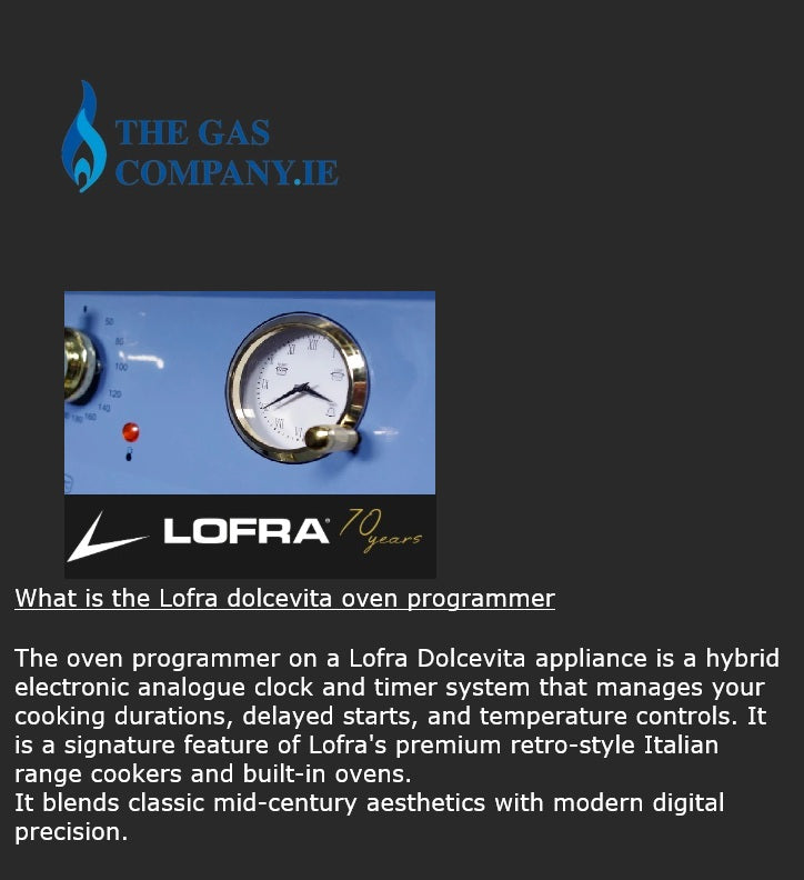 A dark informational graphic with the Lofra logo and a small inset photo of a blue Lofra oven programmer dial, plus explanatory text about the Lofra Dolcevita oven programmer.