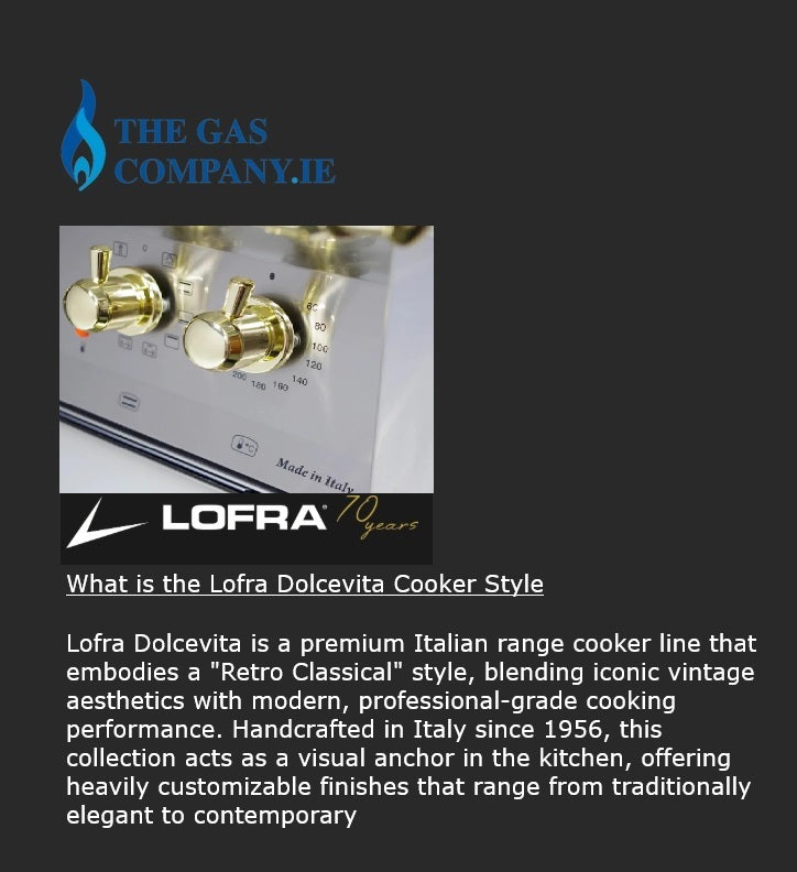 A promotional graphic for Lofra Dolcevita cookware on a dark gray background, featuring a close-up photo of gold control knobs on a white cooker, the Lofra logo, and descriptive text about the product style and Italian craftsmanship.