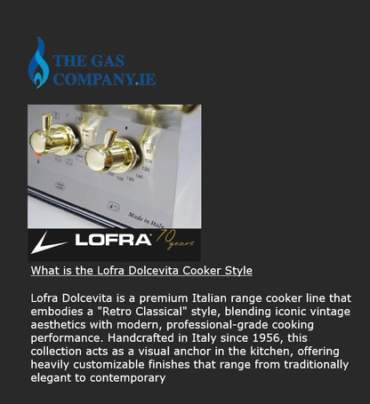 A promotional graphic for Lofra Dolcevita cookware on a dark gray background, featuring a close-up photo of gold control knobs on a white cooker, the Lofra logo, and descriptive text about the product style and Italian craftsmanship.