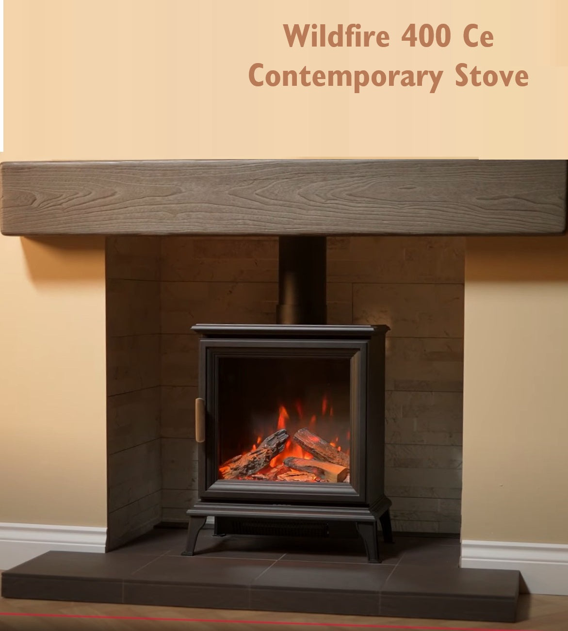 Wildfire 400 Ce Contemporary Stove in a fireplace setting with a wooden mantel.