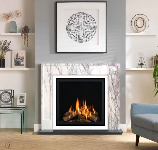 Modern White Wildfire 750 Palma fireplace living room, shelves, and decorative items.