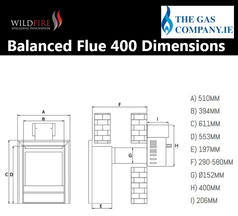 Technical drawing of a balanced flue 400 with dimensions labeled, featuring Wildfire and The Gas Company logos.