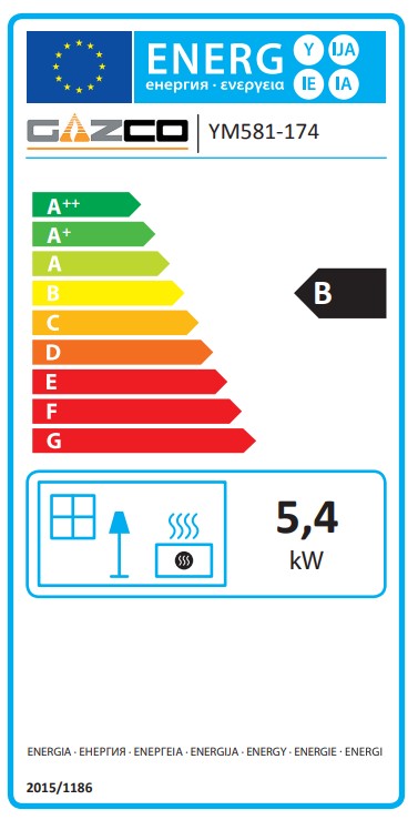 Energy efficiency label with a rating of B and specifications for Gazco Gazco CL8 Balanced Flue Gas Stove – High Efficiency Log Effect Gas Stove product.