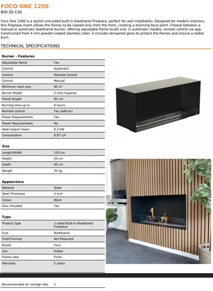 ScandiFlame Incerto 1200-1 Manual Hole In The Wall Bioethanol Insert Fire 1200mm wide