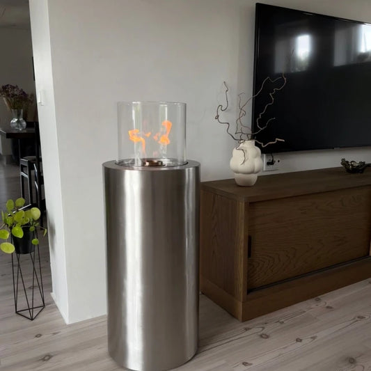 ScandiFlames Dualis Brushed Steel Cylindrical Outdoor or Indoor Bioethanol Pedastol Fire