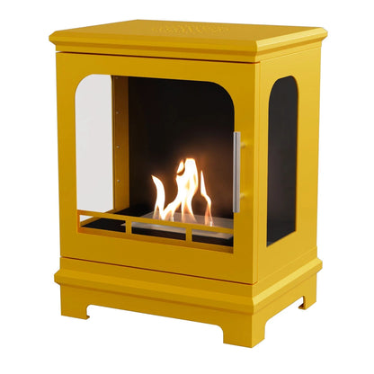 Vibrant Yellow Honolulu Bioethanol Stove freestanding fireplace with visible flames on a white background