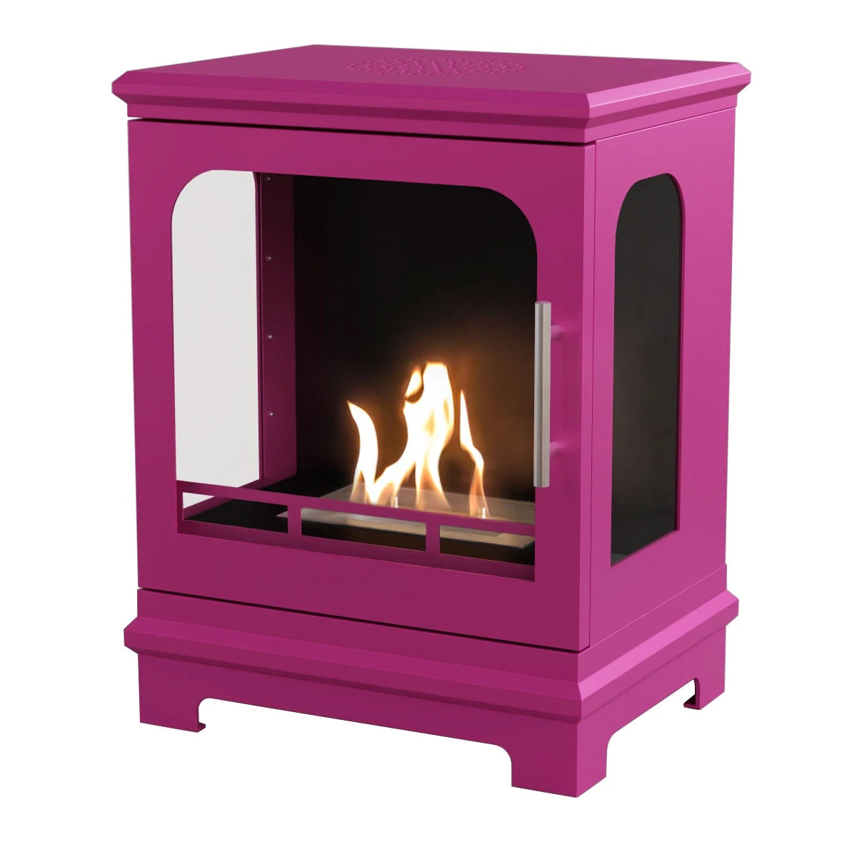 Vibrant Pink Honolulu Bioethanol freestanding Stove fireplace with visible flames on a white background