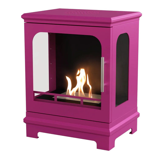 Vibrant Pink Honolulu Bioethanol freestanding Stove fireplace with visible flames on a white background