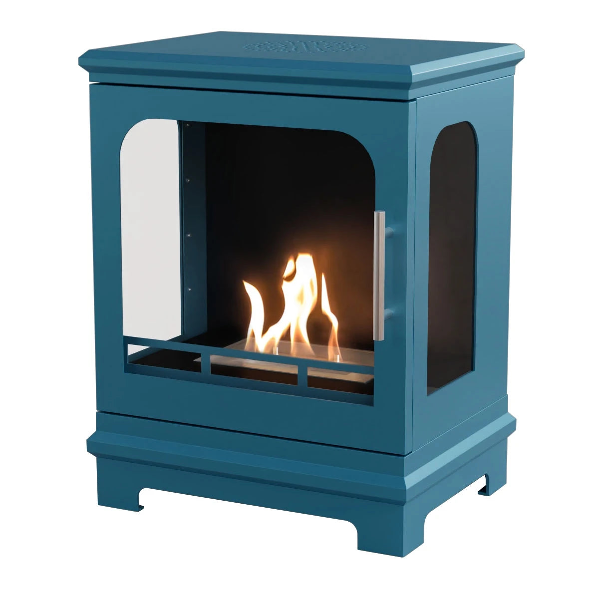 Blue Honolulu Stove Bioethanol Stove freestanding fireplace with visible flames on a white background