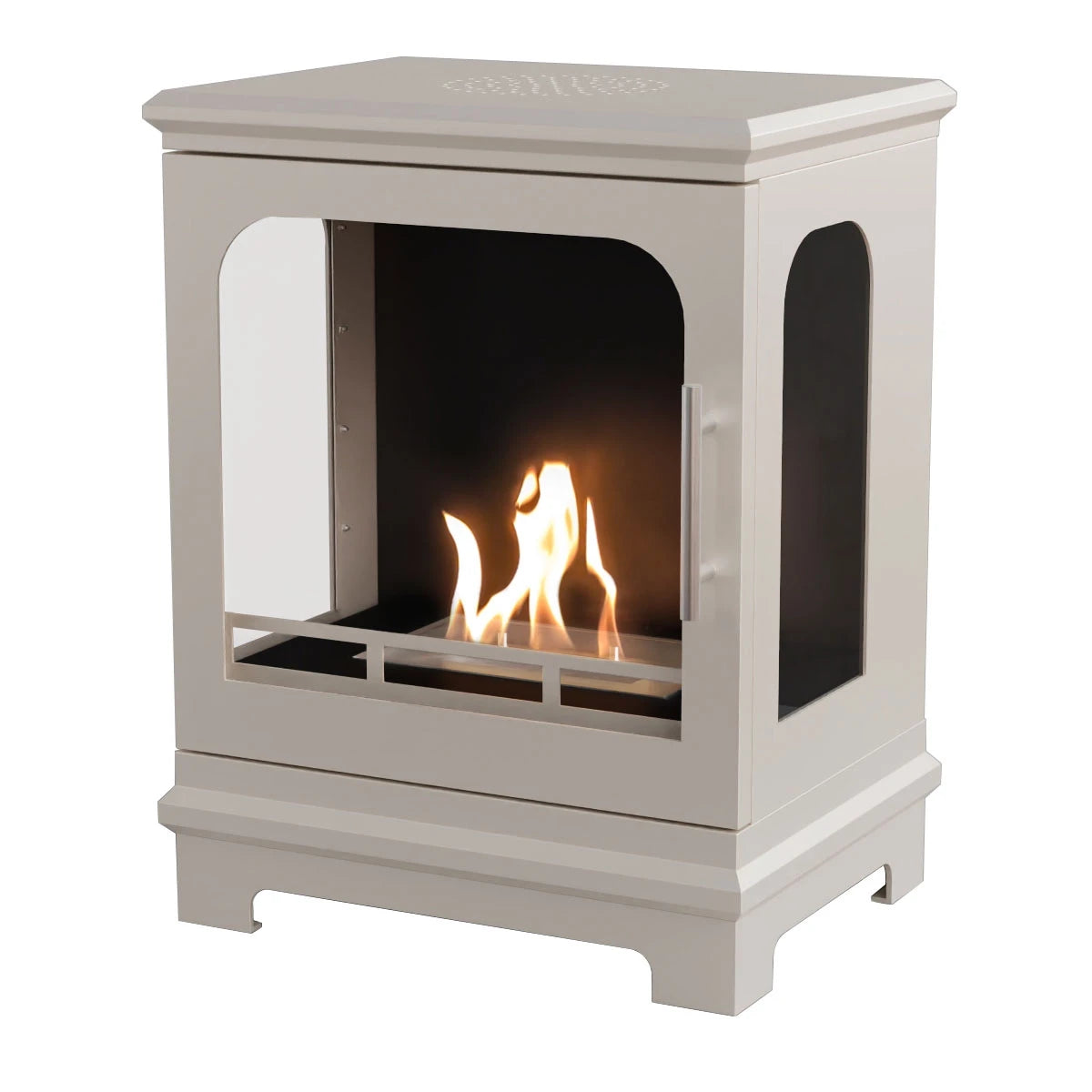 Oyster White Honolulu Bioethanol Stove freestanding fireplace with visible flames on a white background