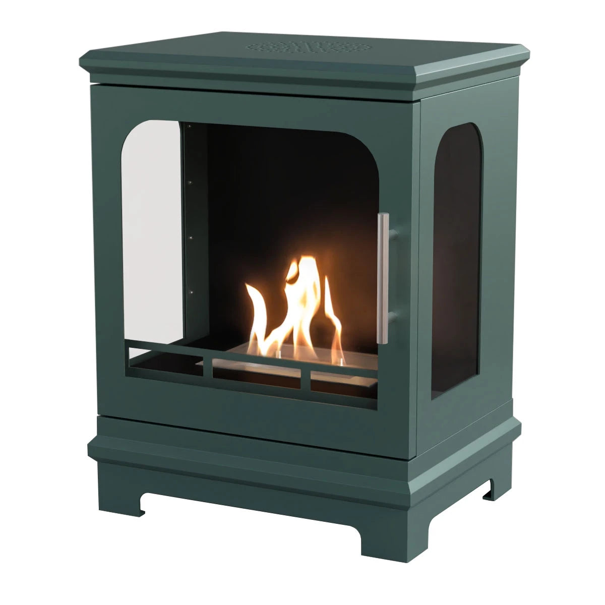 Dark Green Honolulu Bioethanol Stove freestanding fireplace with visible flames on a white background