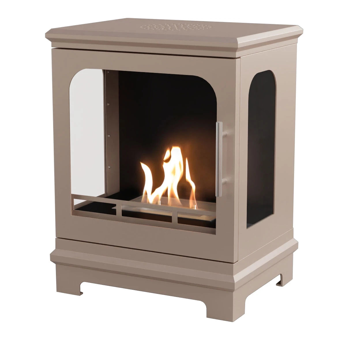 Beige Honolulu Bioethanol Stove freestanding fireplace with visible flames on a white background