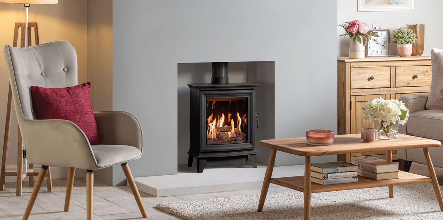 Gazco Chesterfield Gas Stove in Plastered Wall Chamber Setting with light grey breast and white walls