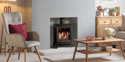 Gazco Chesterfield Gas Stove in Plastered Wall Chamber Setting with light grey breast and white walls