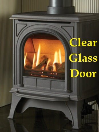 Gray stove with clear glass door showing flames, labeled 'Clear Glass Door'.
