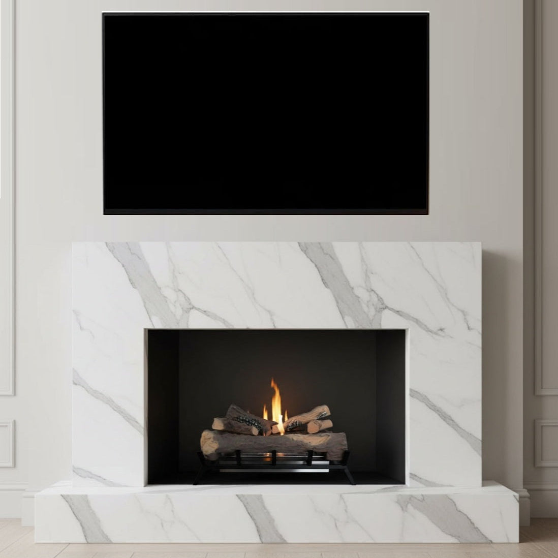 Modern fireplace with marble surround and television above in a neutral room.