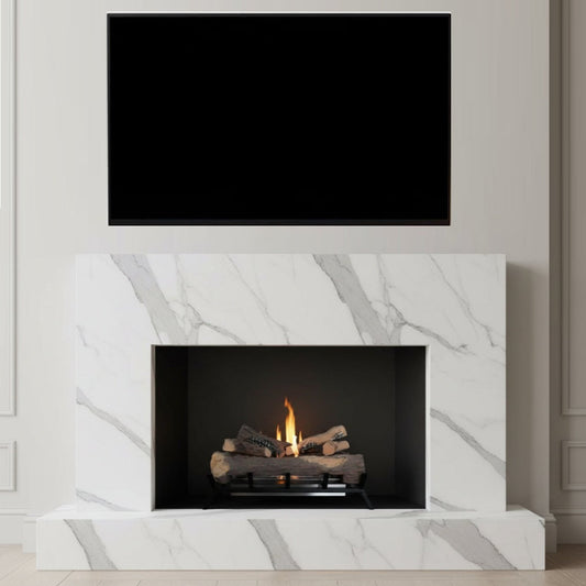 Modern fireplace with marble surround and television above in a neutral room.