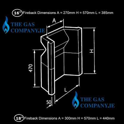 Dimensions of a 16" and 18" Milner Fireplace Backrick by TheGasCompany.ie
