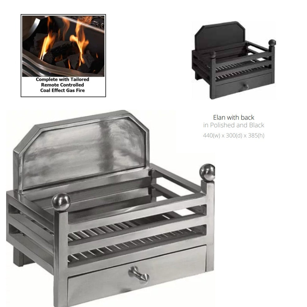 Elan Backed Remote Controlled Gas Basket Fire with tailored Gas Inset Fire Coal Effect