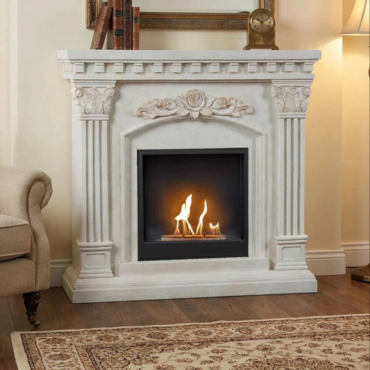 Freyr Bioethanol Fireplace Suite in White/Grey PolyStone Freestanding with Bioethanol Fire in room setting with living room chair