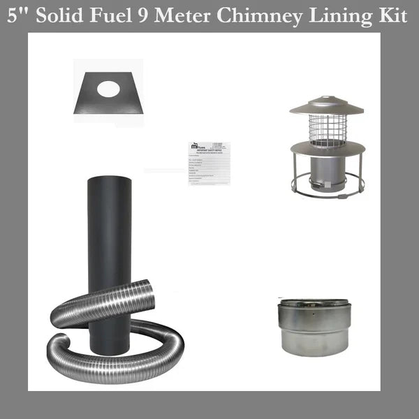 5" Solid Fuel 9 Meter Chimney Lining Kit with various components on a white background