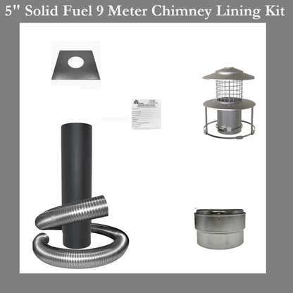 5" Solid Fuel 9 Meter Chimney Lining Kit with various components on a white background