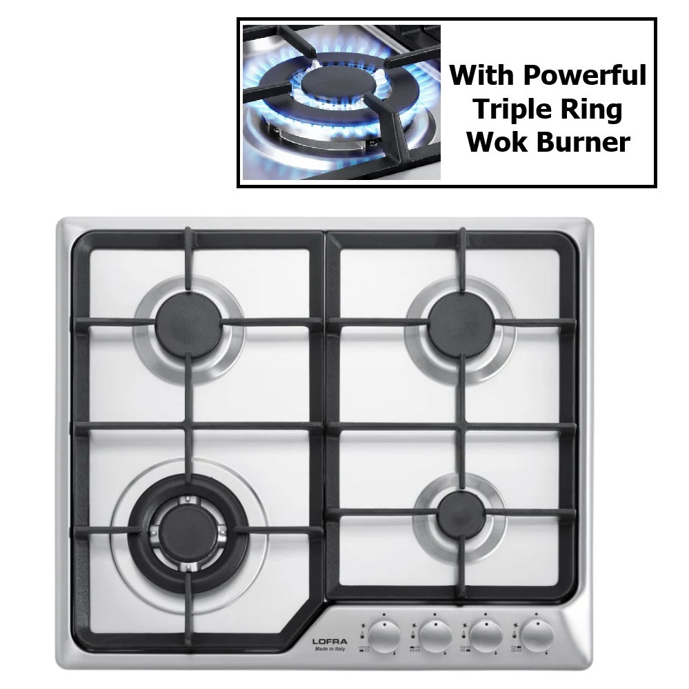 Lofra Artes HDS690 4 Burner Gas Hob Stainless Steel 60cm Hob with Powerful Wok Burner
