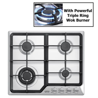 Lofra Artes HDS690 4 Burner Gas Hob Stainless Steel 60cm Hob with Powerful Wok Burner