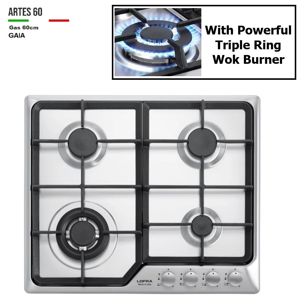 Lofra Artes HDS690 4 Burner Gas Hob Stainless Steel 60cm Hob with Powerful Wok Burner