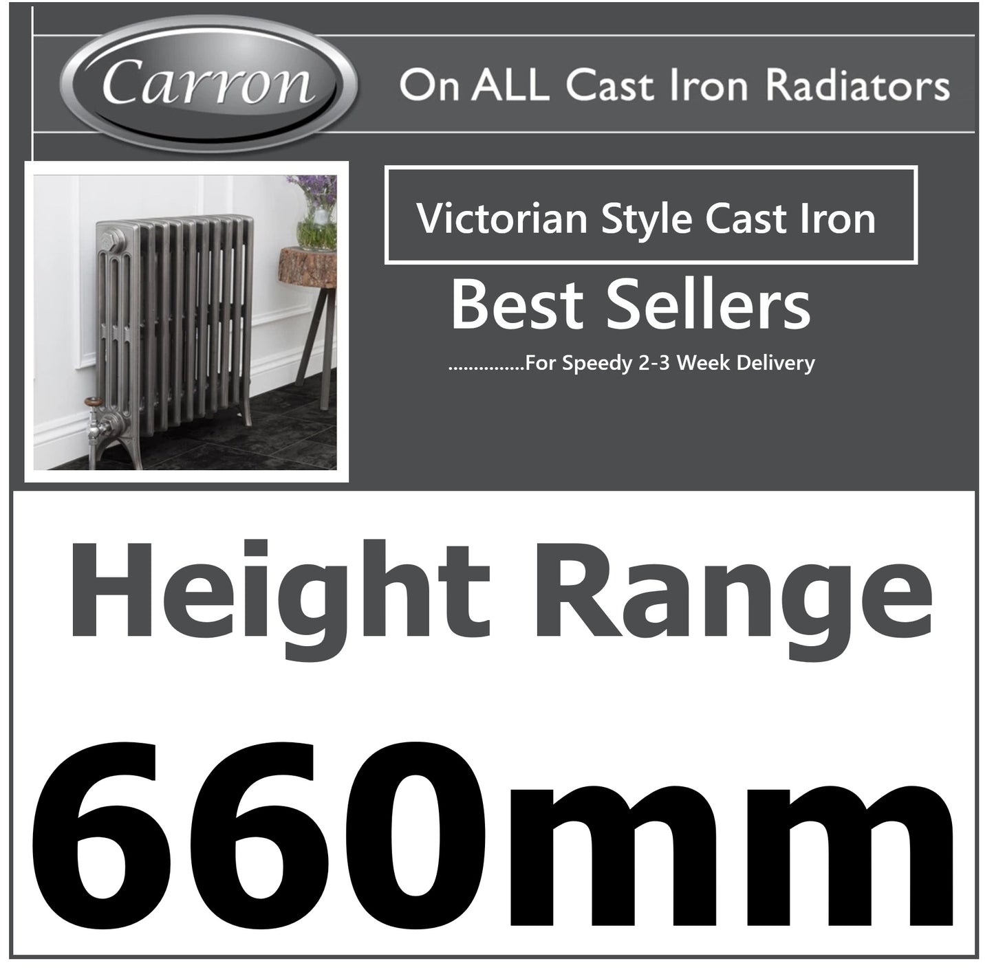 Victorian Cast Iron Radiator–4 Column 19 Section,660 High by W770 by D140mm,(Primed Grey)