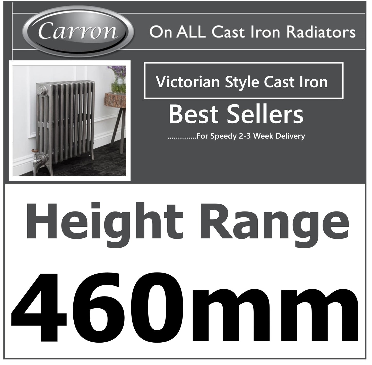 Victorian Cast Iron Radiator–4 Column 14 Section,460 High by W1078 by D140mm, (Primed Grey)
