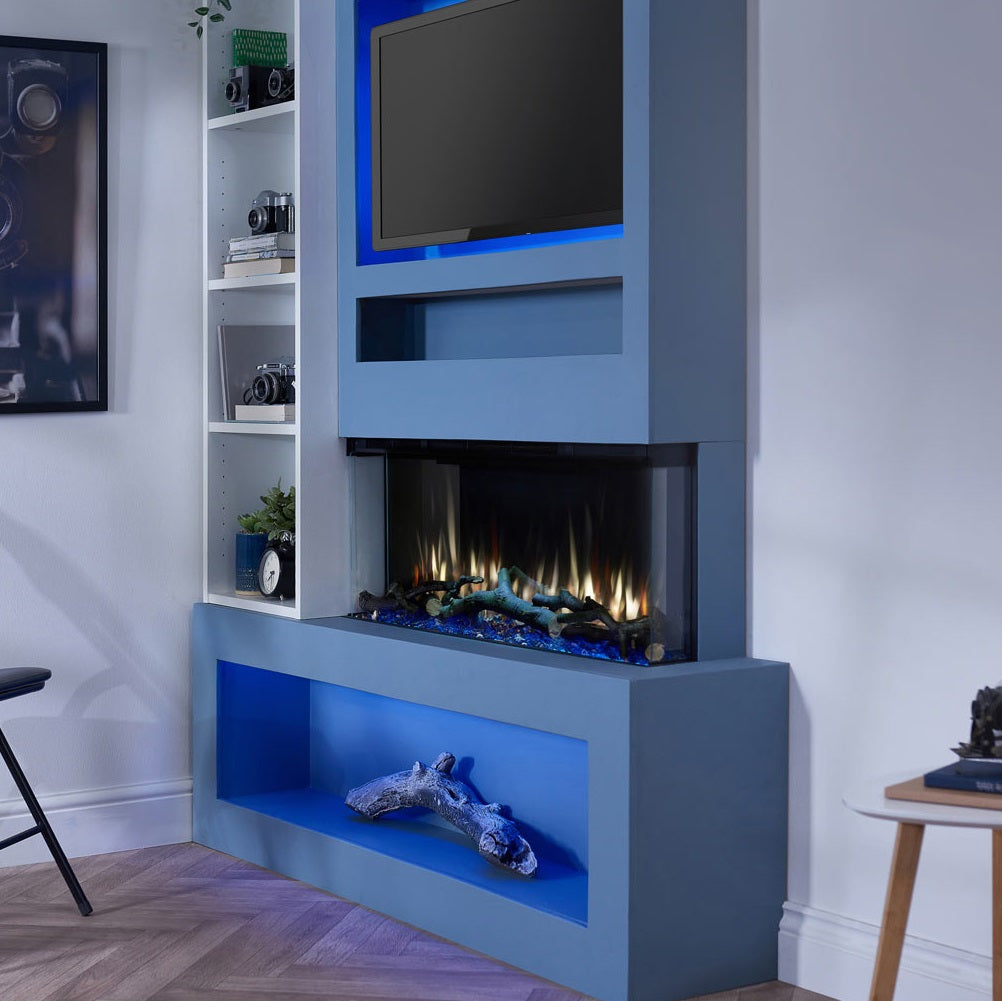 C&J iRange i920e Slimline Multi-Sided Electric Fire with REAL CHOPPED WOOD LOGS