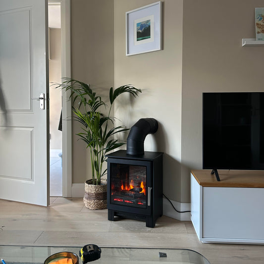 Trance 500 Matt Black Electric Stove with Real Log Video Play Stove & Pipe (From March 2025)