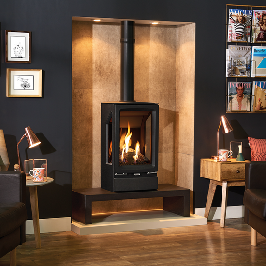 Video on Gazco Vogue with Log Box in Modern living room with a freestanding stove, gray walls, and decorative elements.