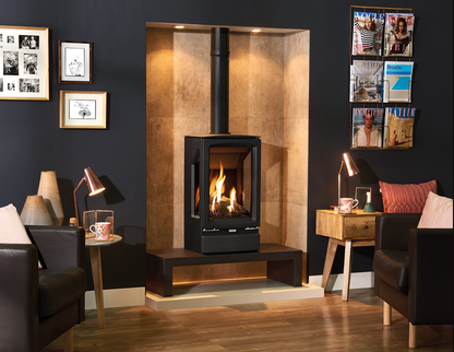 Video on Gazco Vogue with Log Box in Modern living room with a freestanding stove, gray walls, and decorative elements.