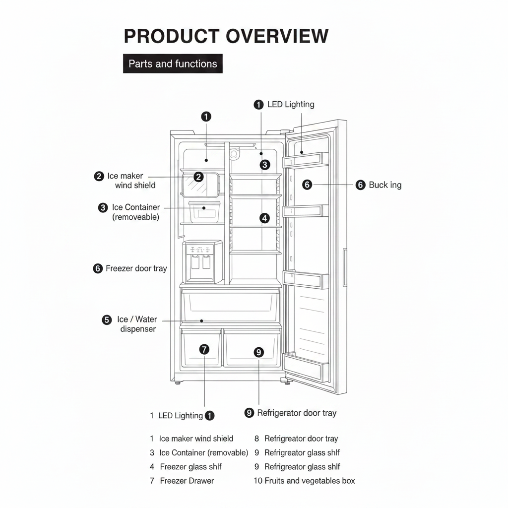 A product overview diagram showing a refrigerator interior layout with numbered callouts and a legend identifying parts such as LED lighting, ice maker wind shield, ice container, water dispenser, freezer door tray, freezer drawer, refrigerator glass shelf, and fruits and vegetables box.  