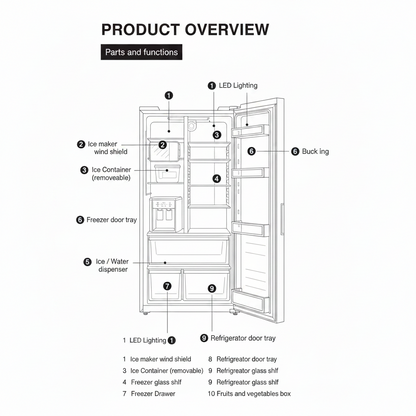 A product overview diagram showing a refrigerator interior layout with numbered callouts and a legend identifying parts such as LED lighting, ice maker wind shield, ice container, water dispenser, freezer door tray, freezer drawer, refrigerator glass shelf, and fruits and vegetables box.  