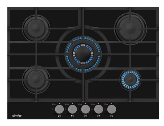 Simfer Deluxe TGCSIMH7G Gas on Glass 5 Burner Gas Hob with Cast Pot Supports