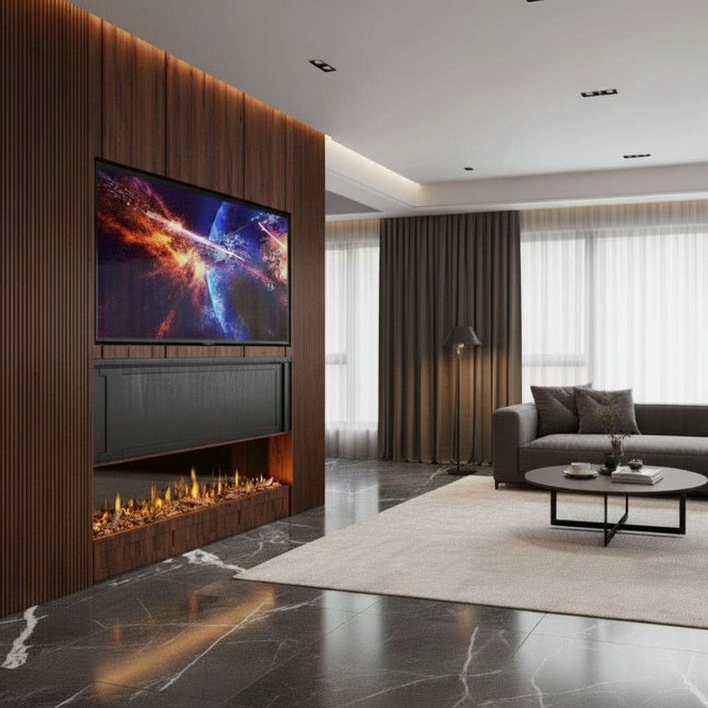 A modern living room interior with a large wall-mounted TV displaying a colorful space scene, a linear fireplace below it, dark wood paneling, a gray sofa, a round coffee table, and a light rug on a polished dark marble floor.