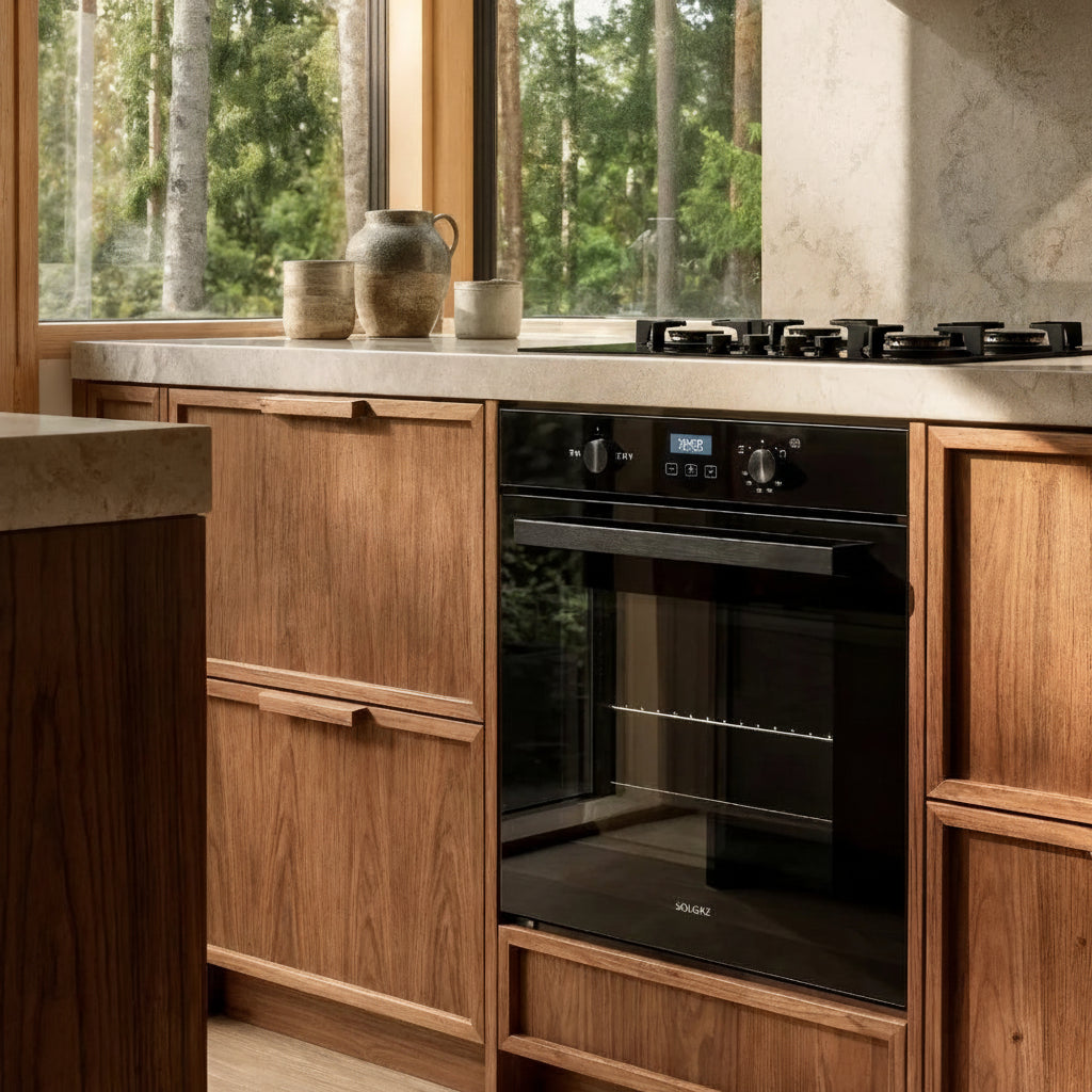 Solgaz Kopia SPG-90-1-1 built-in gas oven in black glass, Oven, Grill & Rotisserie, 67 Litres in modern timber kitchen setting built under oven