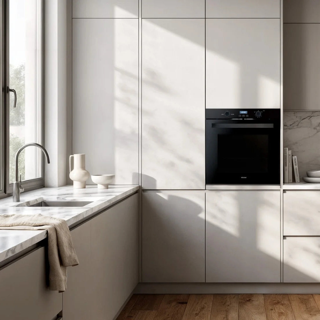 Solgaz Kopia SPG-90-1-1 built-in gas oven in black glass, Oven, Grill & Rotisserie, 67 Litres in modern white contemporary kitchen setting