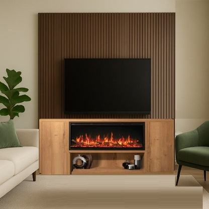 Atmos Venezia Electric Fireplace Cabinet in Modern living room with a television above an electric fireplace, surrounded by furniture.