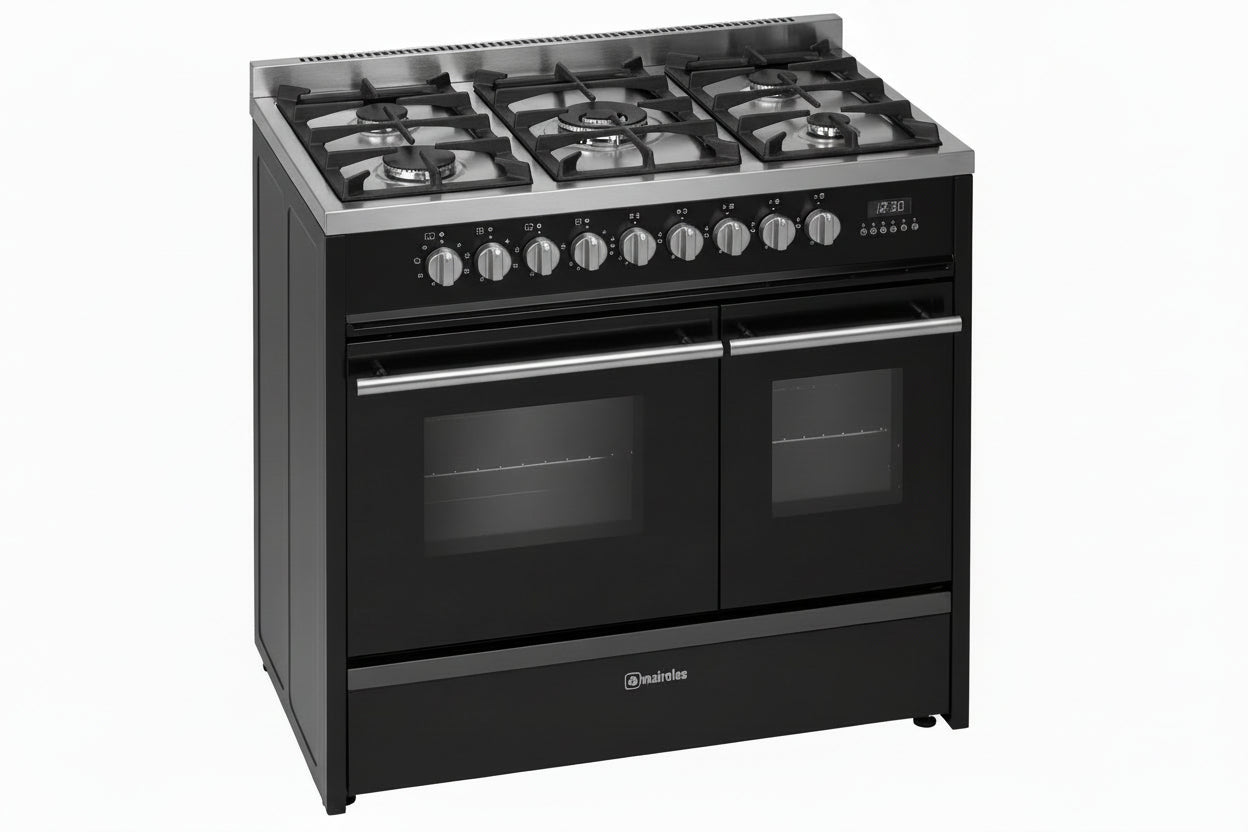 Meireles E916 BK 90cm Professional Dual Fuel Cooker Double Oven Black with Stainless Steel Cheftop