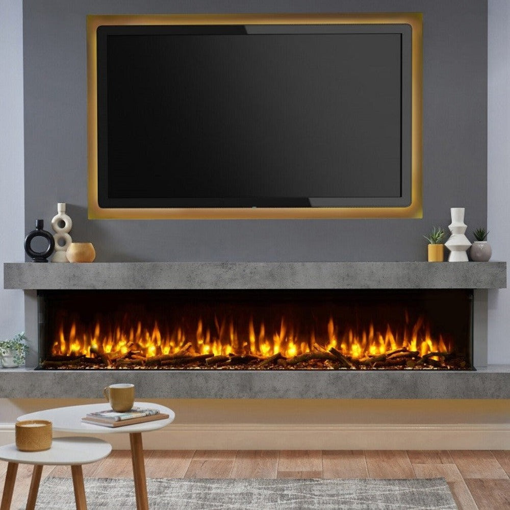 C&J iRange i2000e Slimline Multi-Sided Electric Fire with REAL CHOPPED WOOD LOGS