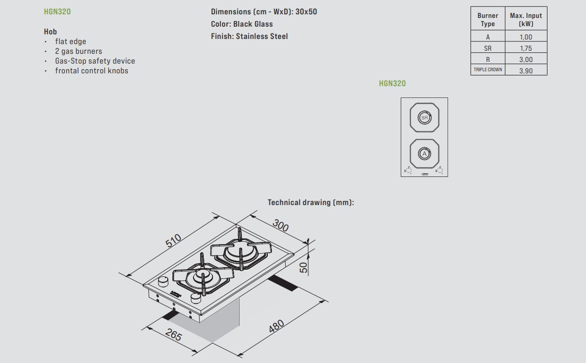Lofra Diadema HGN320 2 Burner Black Glass Domino Gas Hob 30cm Dimensions