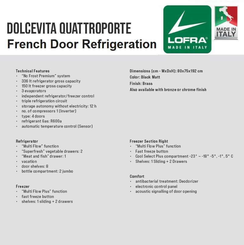 Lofra Dolcevita GFR S NM 817 Stainless French 4 Door Frost Free Refrigerator Fridge Freezer 80cm